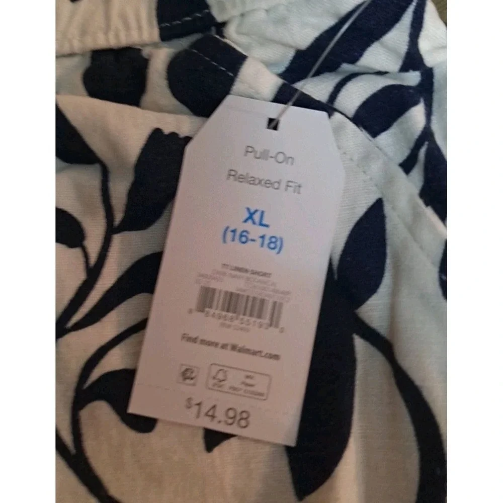 NWT Time‎ & Tru Womens Linen Shorts Dark Navy & White Botanical Size XL (16-18)